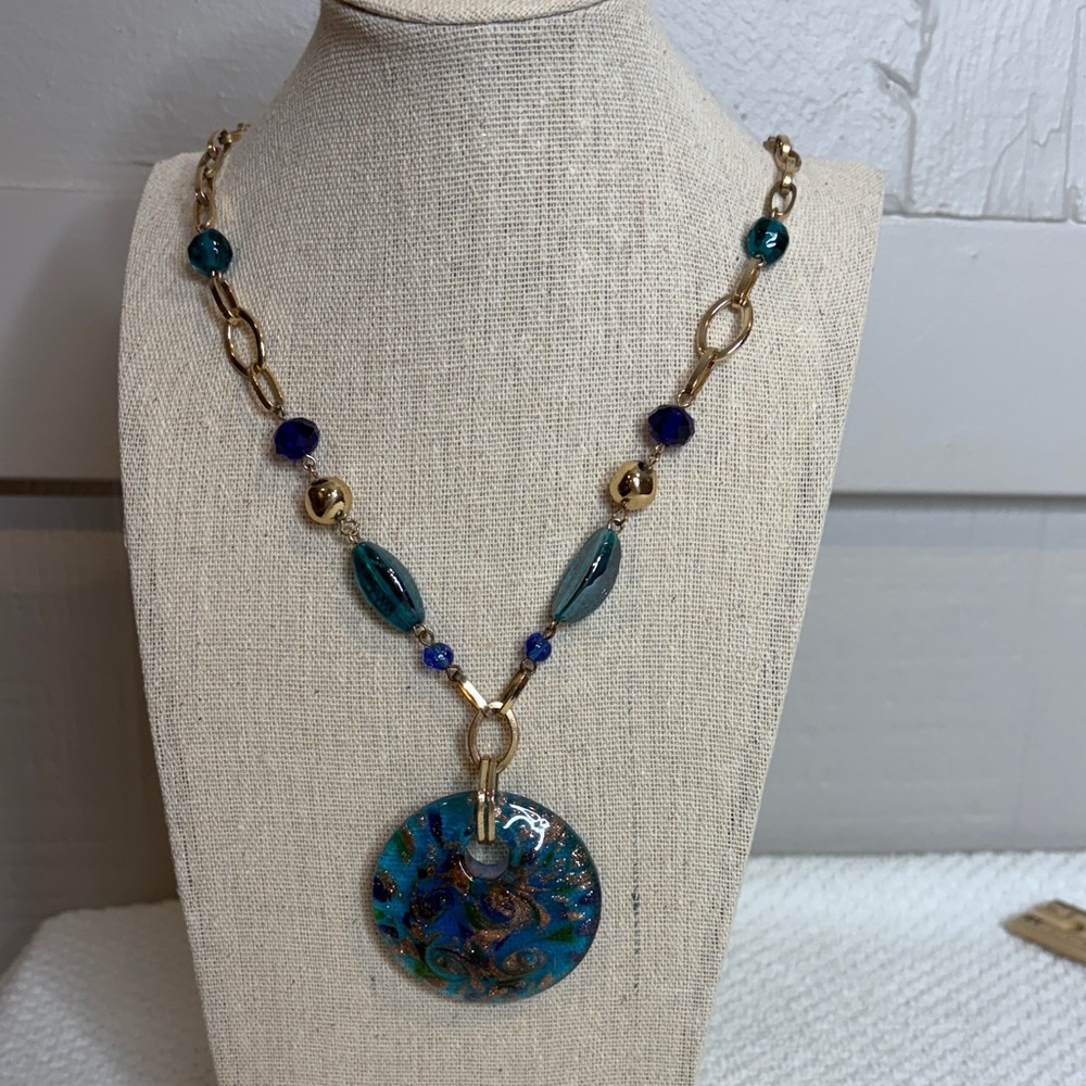 2” Round Glass Blue Greens Pendant Necklace Gold Chainlink Oversized Artsy